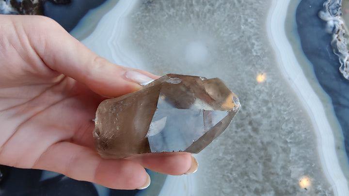 Smoky quartz crystal specimen with smoky brown and translucent light facets, held up close.