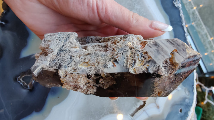 Smoky quartz crystal point on rough rock with speckled gray and brown tones