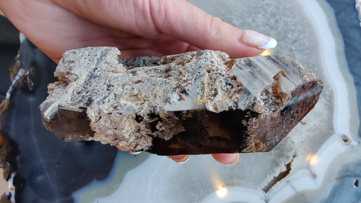 Smoky quartz point with smoky dark facets and white-gray crystalline matrix