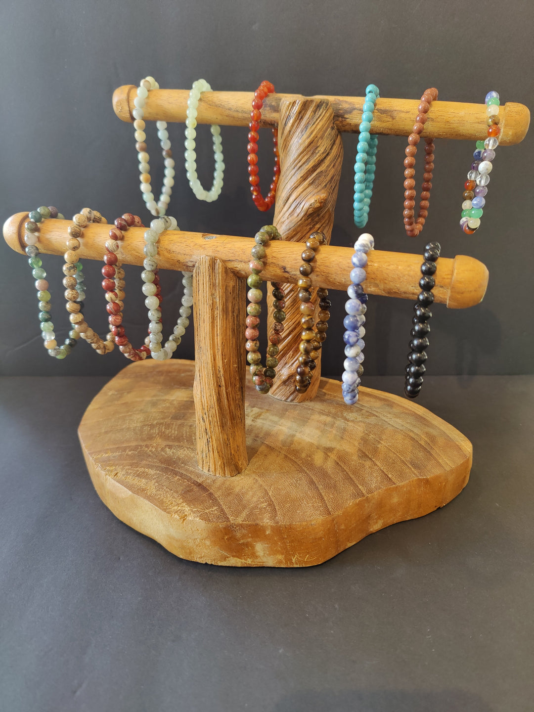 Beaded stone bracelet with mixed colorful 6mm round beads and stretch cord.