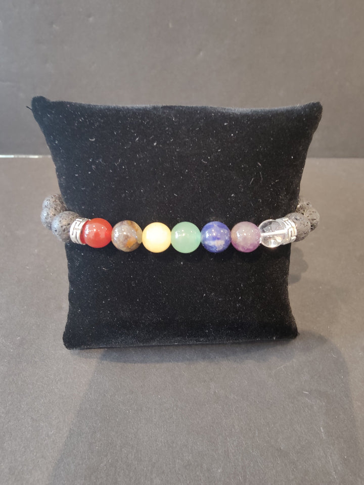 Beaded stone bracelet with multicolor round beads and silver spacer beads