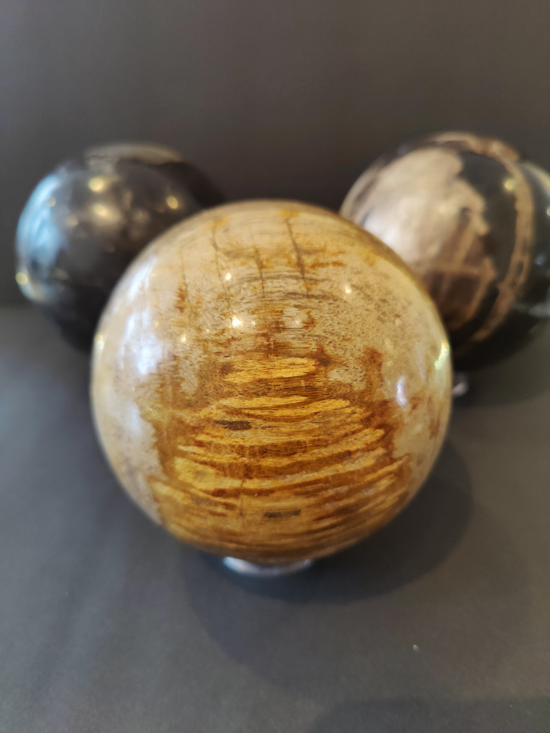 Petrified wood sphere with golden tan striations and glossy finish, on clear stand