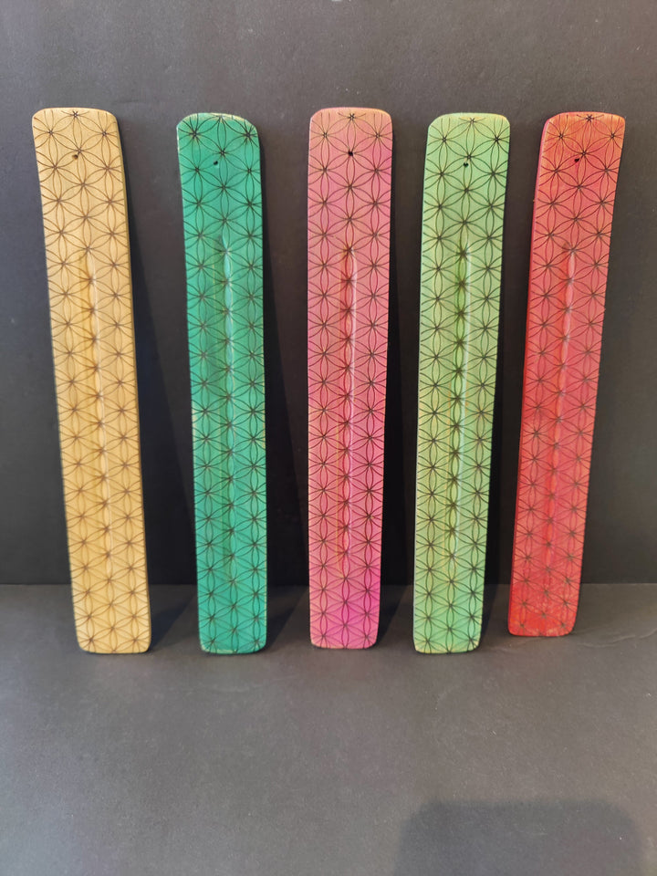 Wood incense burner in natural wood with geometric print, long flat tray