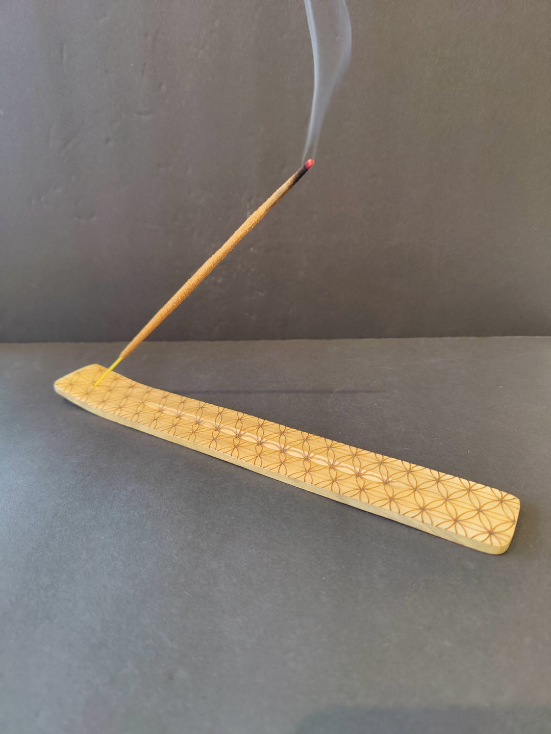 Natural wood incense burner with geometric pattern, long flat tray for incense