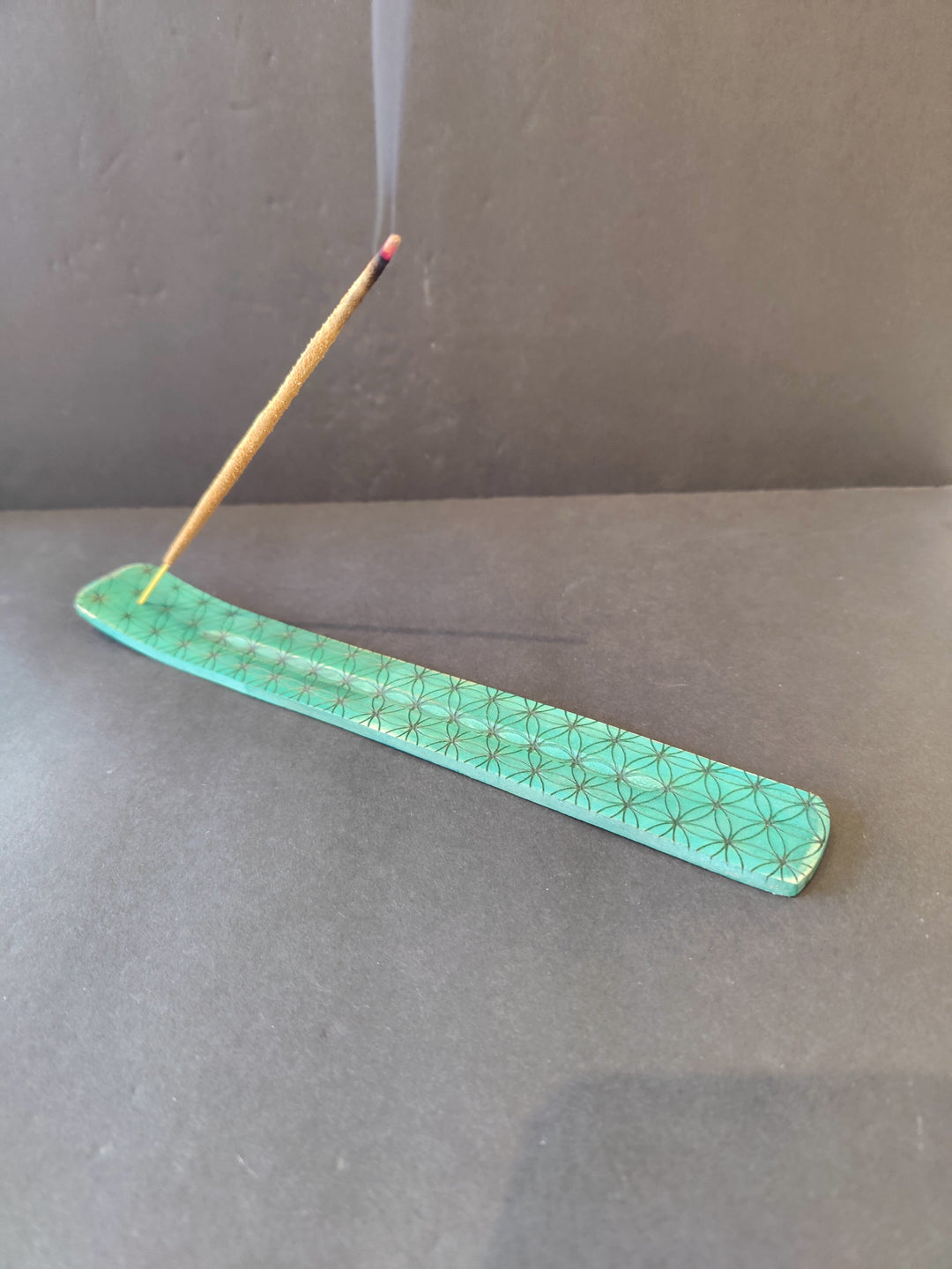 Forest green wood incense burner with geometric pattern, long flat tray