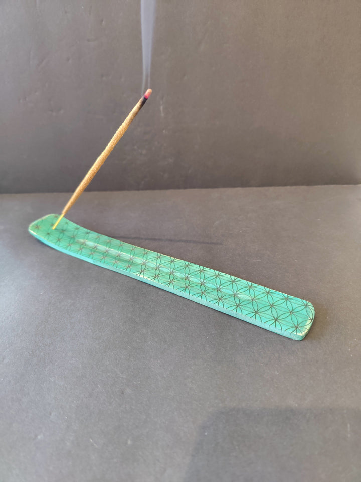 Forest green wood incense burner with geometric pattern, long flat tray