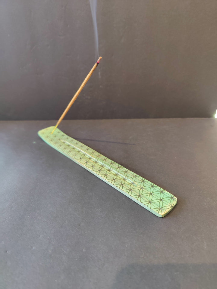 Pea green wood incense burner with geometric print, long flat holder tray