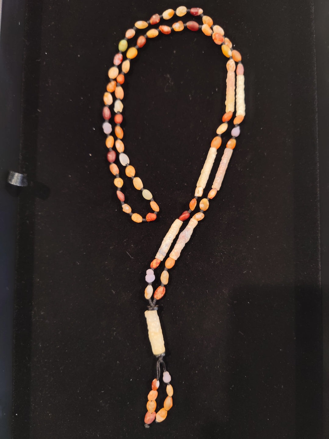 Candy agate bead necklace with tube agate pendant, pink and orange tones