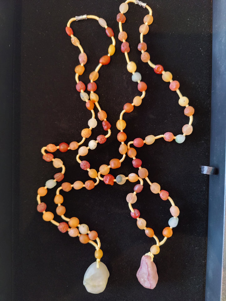Multicolor agate bead necklace with two teardrop pendants, long beaded strands