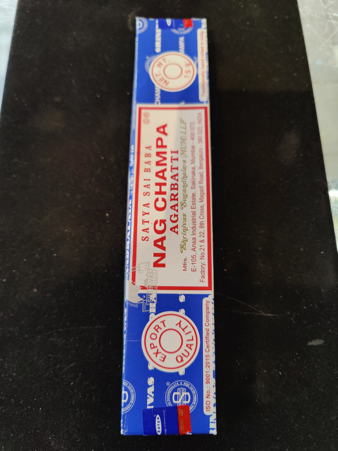 Nag Champa incense sticks box, blue packaging with Nag Champa Agarbatti text
