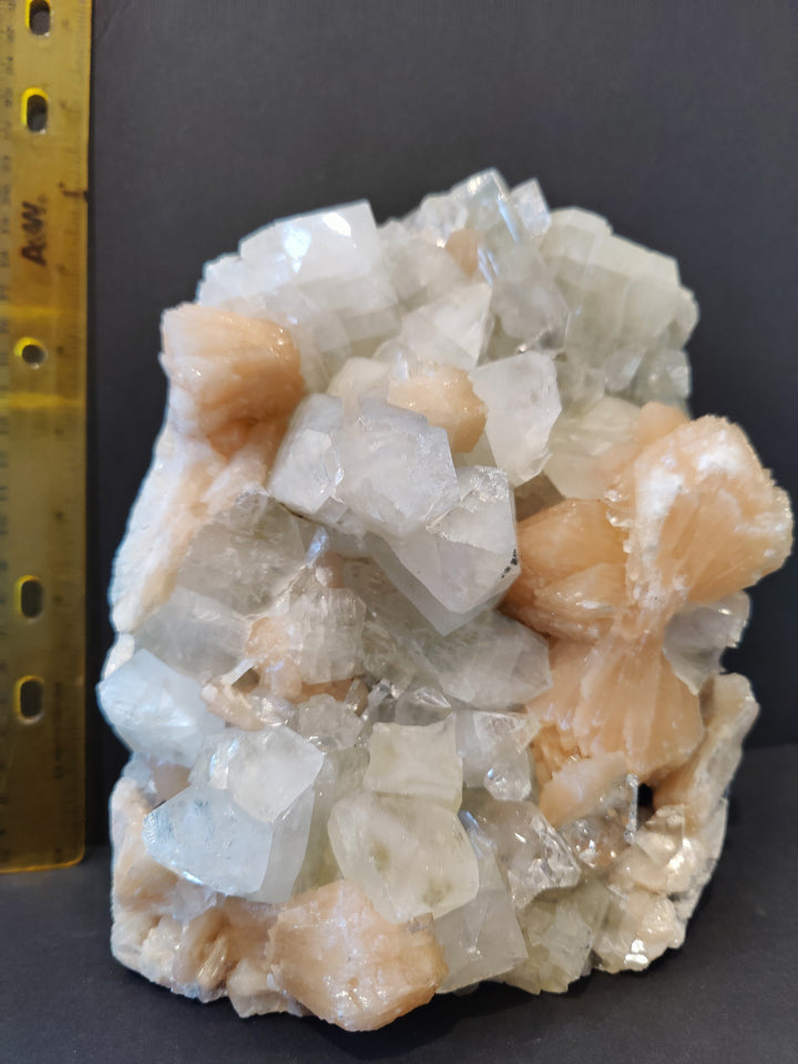 Apophyllite crystal cluster specimen with translucent white cubes and peach nodules