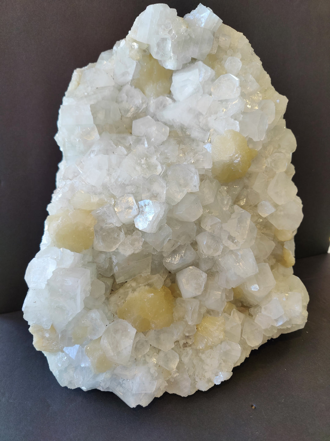 Apophyllite and stilbite crystal specimen, white clear crystals with pale yellow pockets