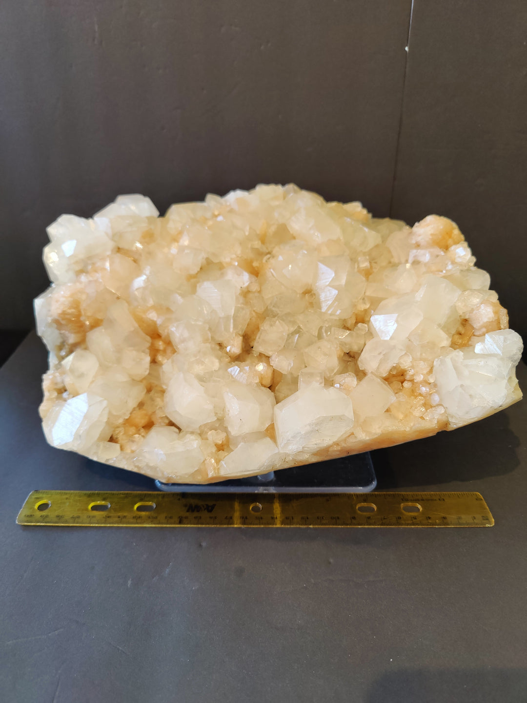 Mineral crystal cluster specimen with clear white and peach crystals beside measuring ruler