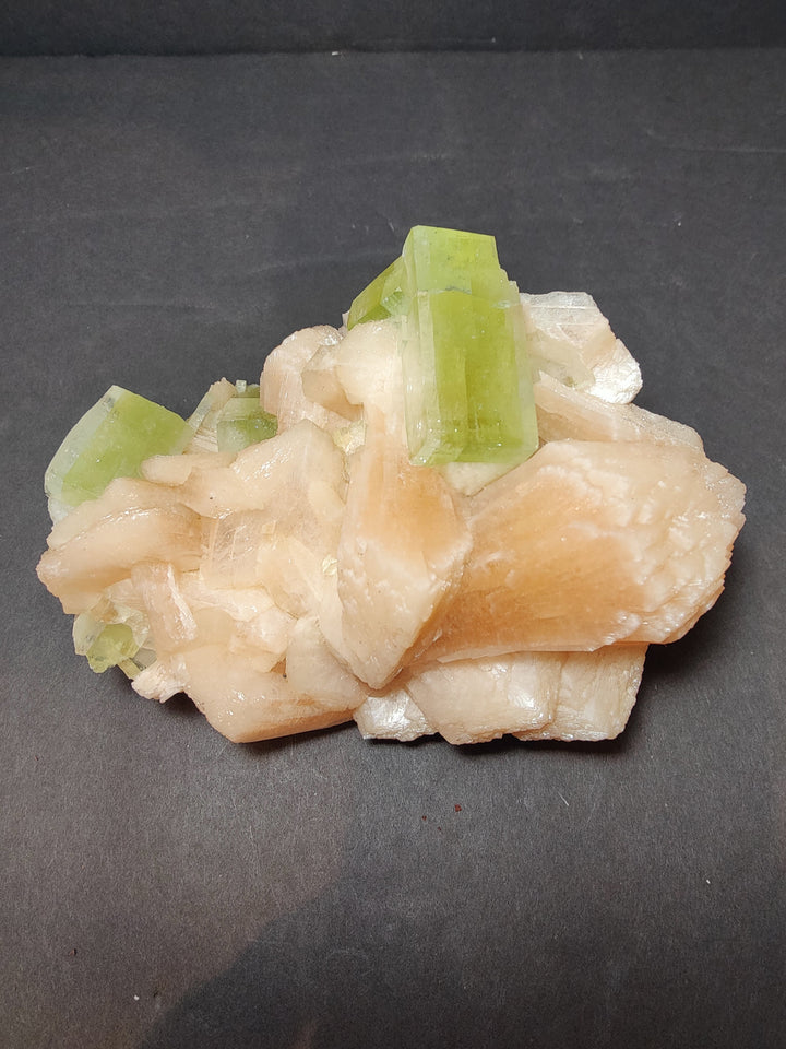 Green apophyllite cube crystals with peach stilbite mineral specimen