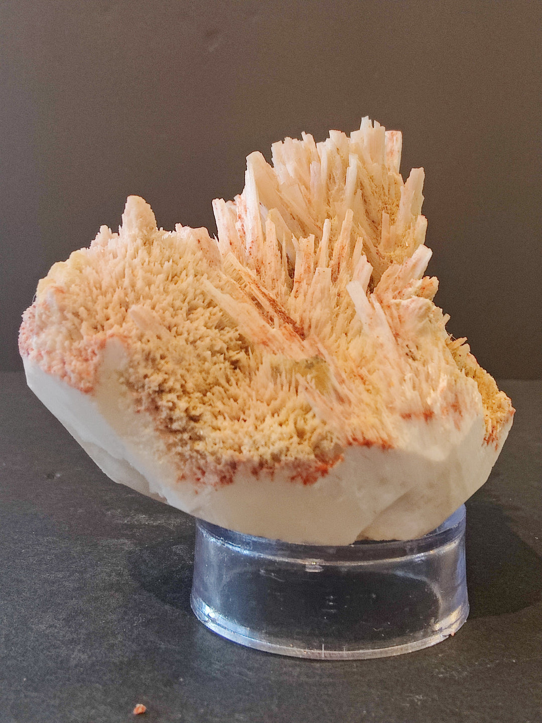 Orange and white mordenite crystal needles on a curved white rock base