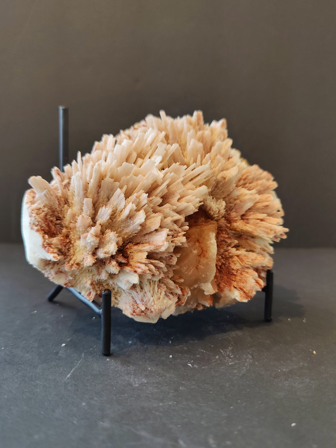 Mineral crystal cluster specimen with beige and tan tones on black stand