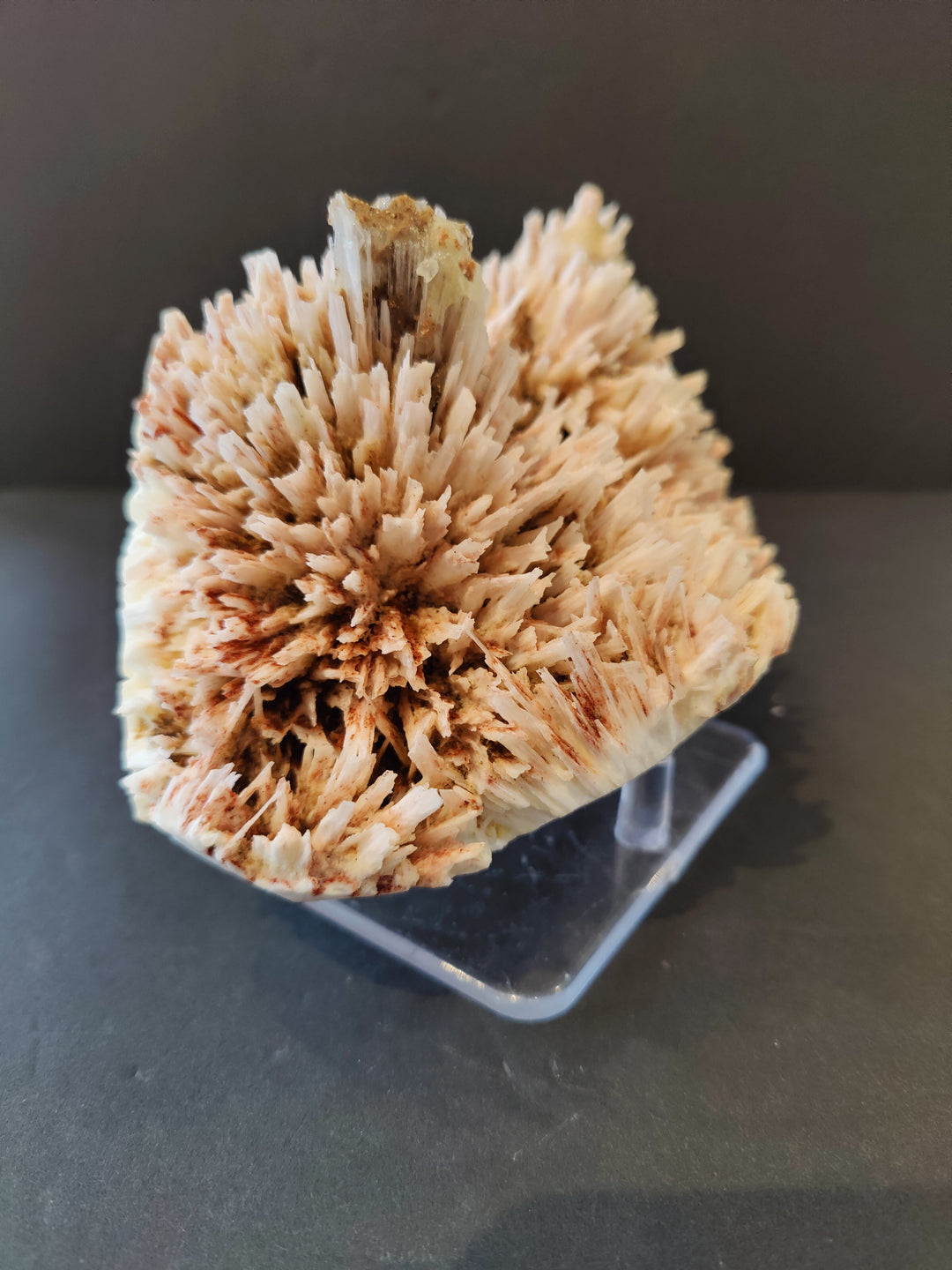 Red mordenite and stilbite crystal cluster, angled view on clear stand.