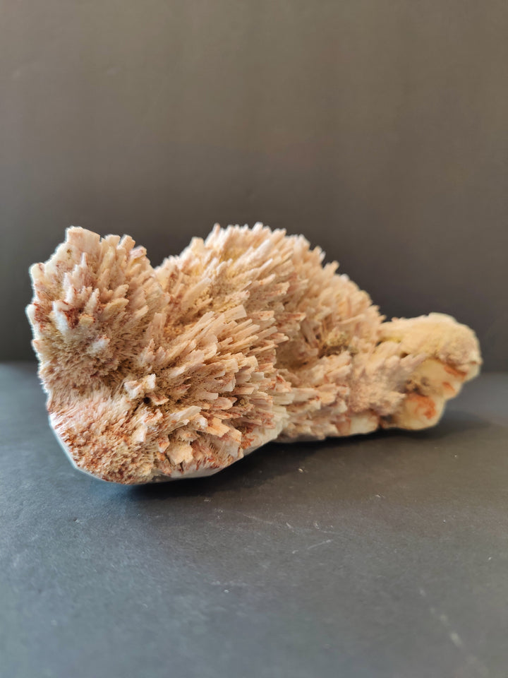 Mineral crystal specimen with coarse beige crystal druse along curved base