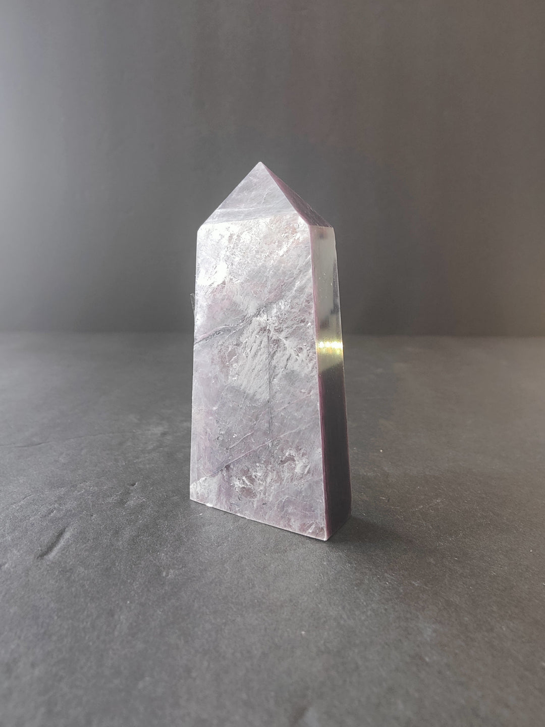 Lepidolite tower sculpture, pale lilac and gray polished prism with marbled lines
