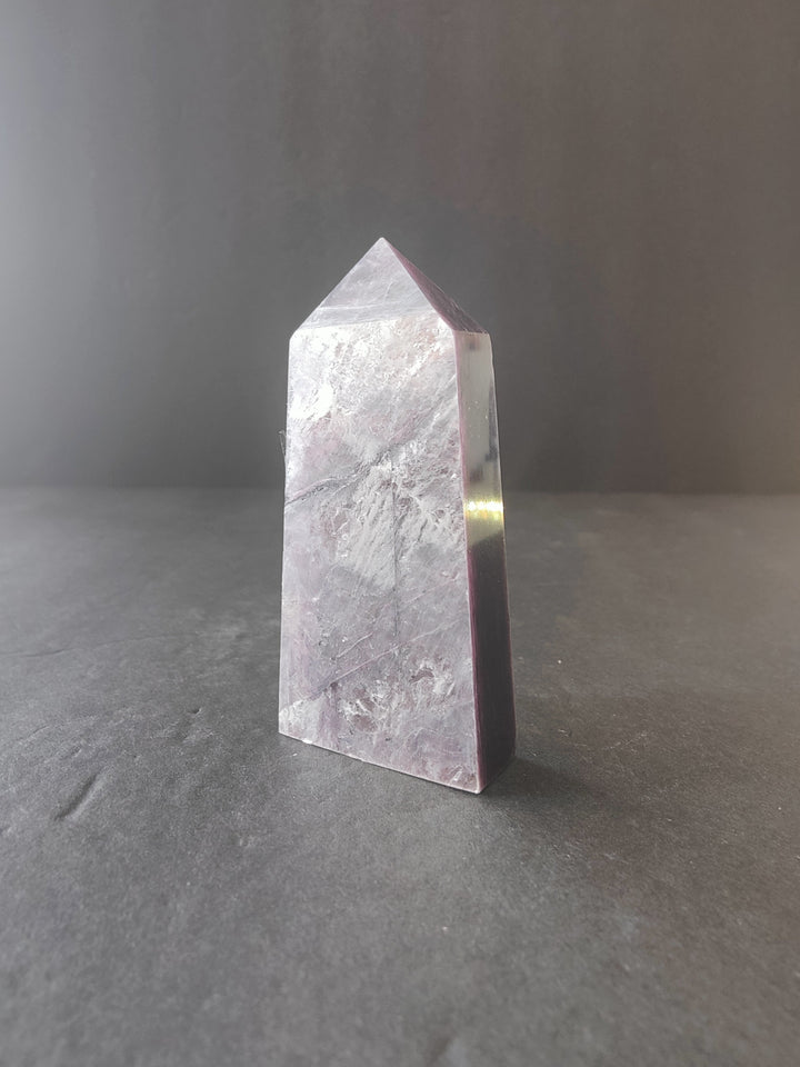 Lepidolite tower sculpture, pale lilac and gray polished prism with marbled lines