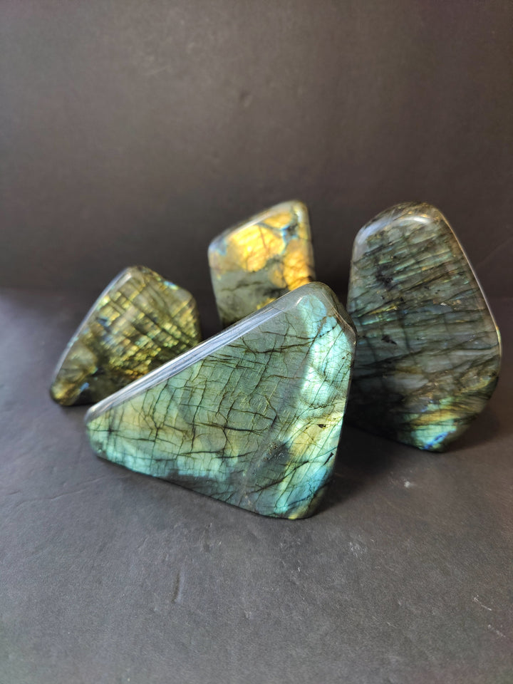 Polished labradorite freeform stones, turquoise and gold with blue flashes (set of 3)