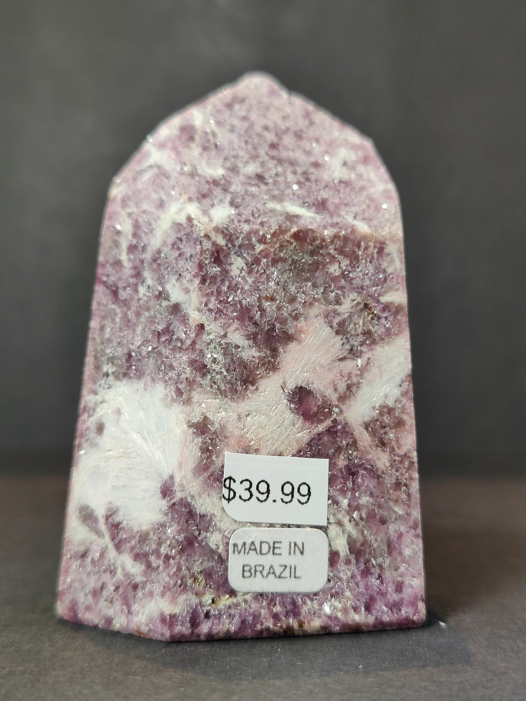 Polished lepidolite tower sculpture, rounded-top purple stone with white veining