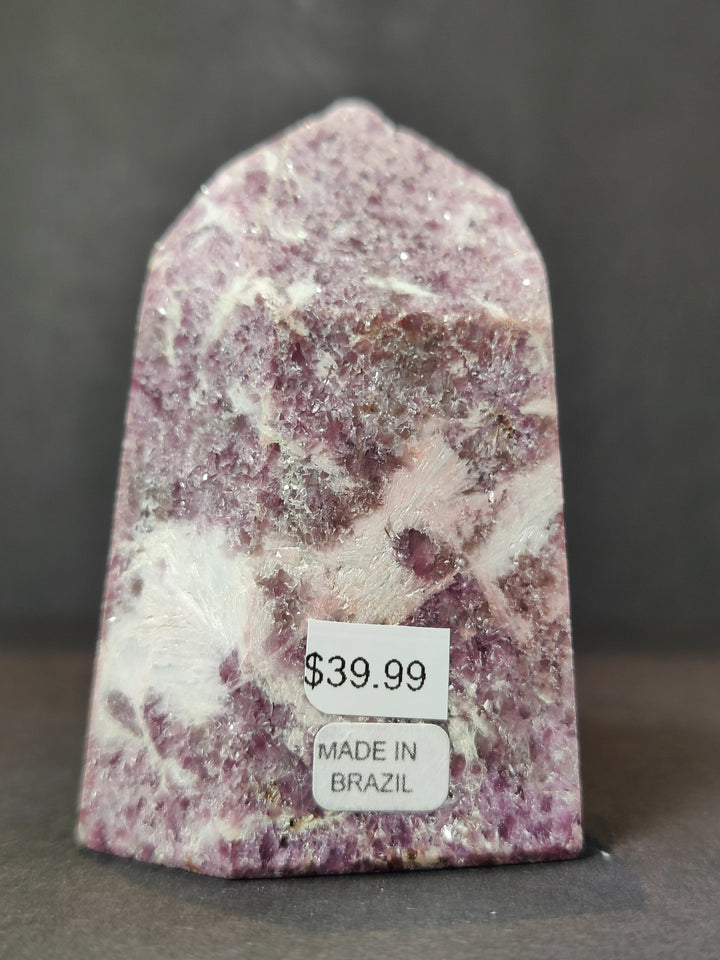 Polished lepidolite tower sculpture, rounded-top purple stone with white veining