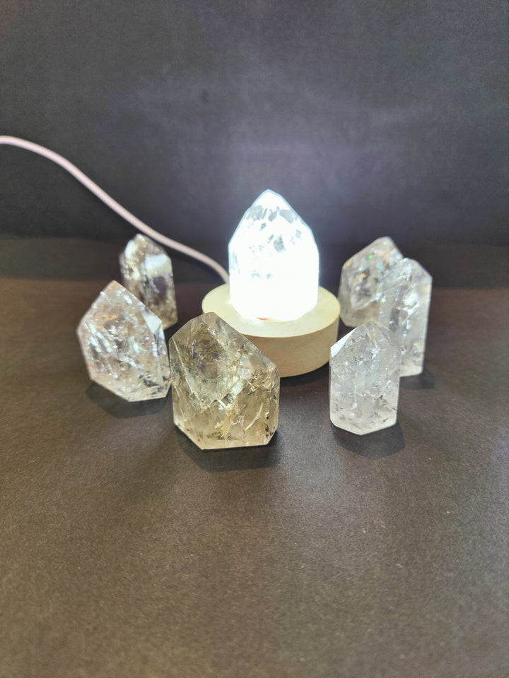 Cluster of five faceted crackle quartz points in clear and smoky gold tones
