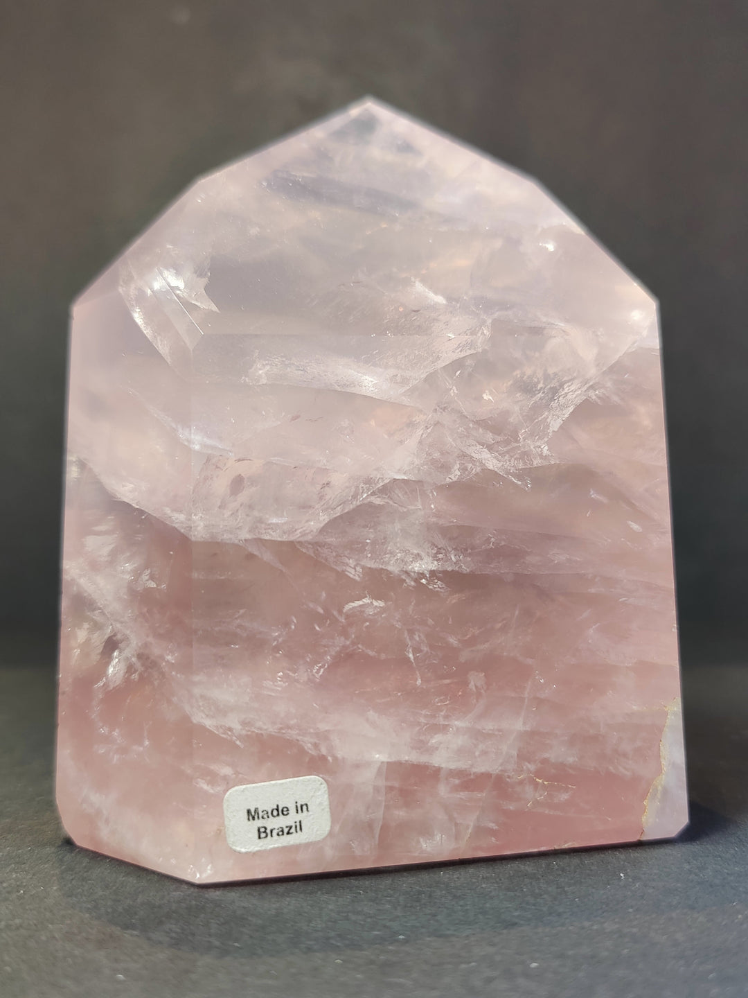 Rose quartz polished obelisk tower, pale pink translucent with &