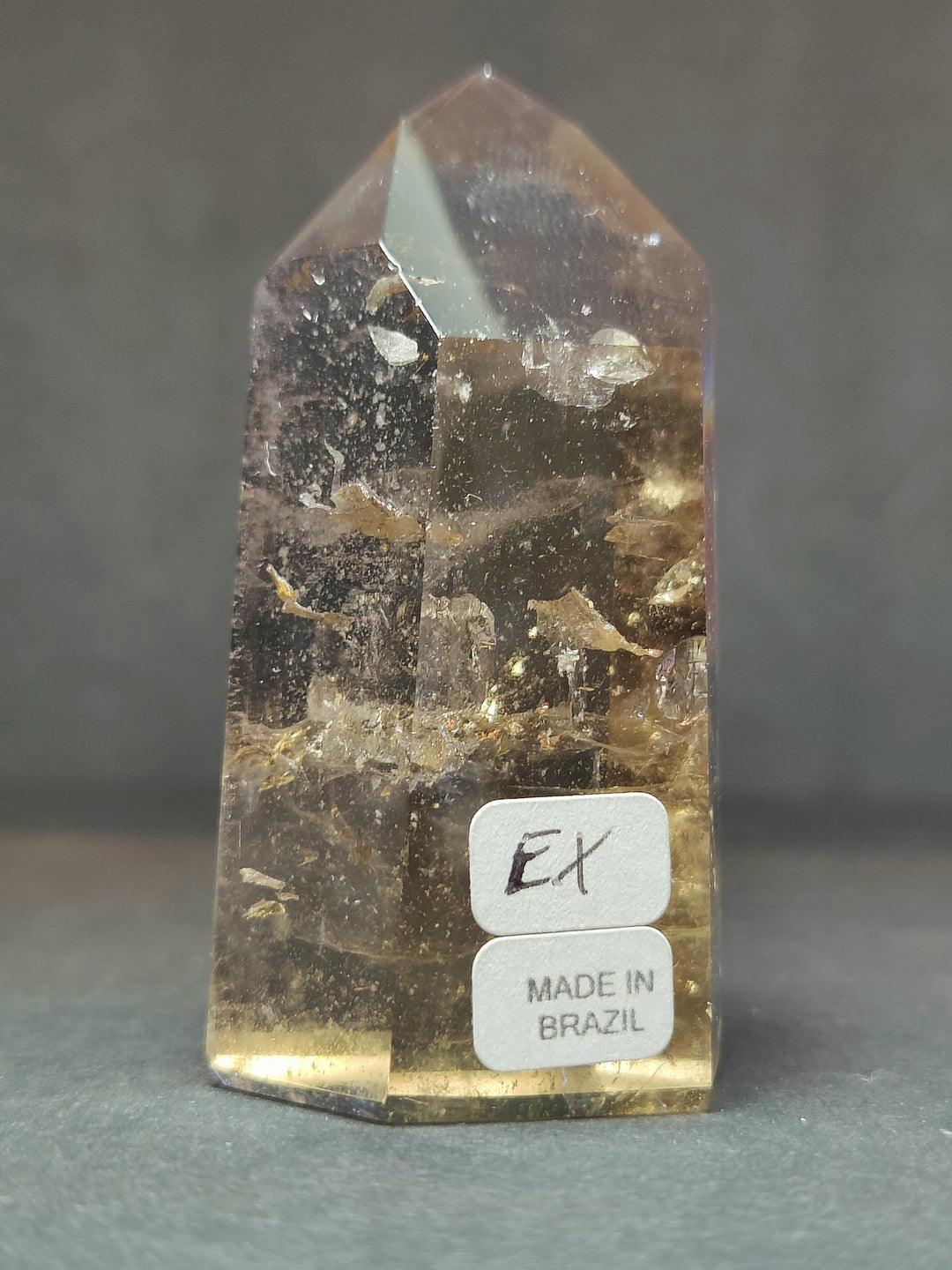 Smoky and clear quartz free-form crystal with EX and Made in Brazil labels