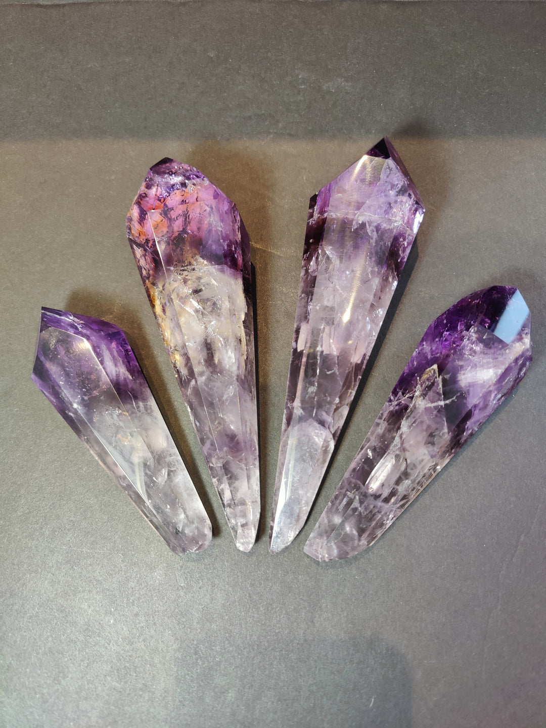 Amethyst scepter wand set, five polished purple crystal points with clear bases