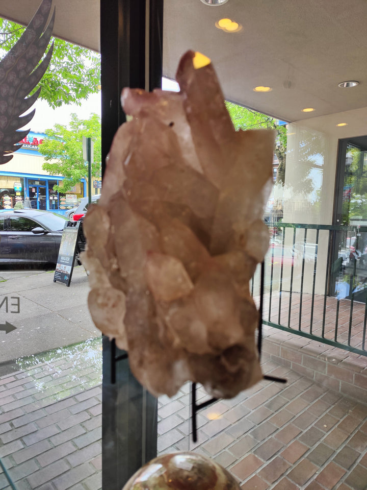 Lithium quartz crystal cluster with pink-brown translucent facets on black stand