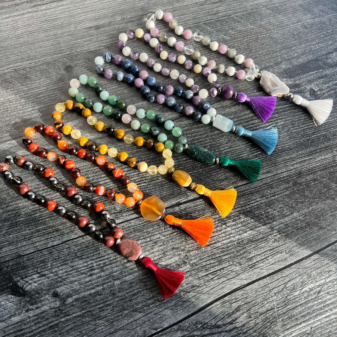 Assorted chakra meditation malas set with multicolor beads and tassels