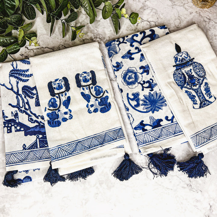 Chinoiserie Tea Towels 100% Cotton Oversized Embroidered Dish Towels Tassels