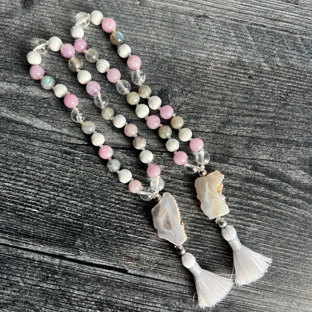 Crown Chakra Meditation Mala – 27 Beads of Clear Quartz & Labradorite