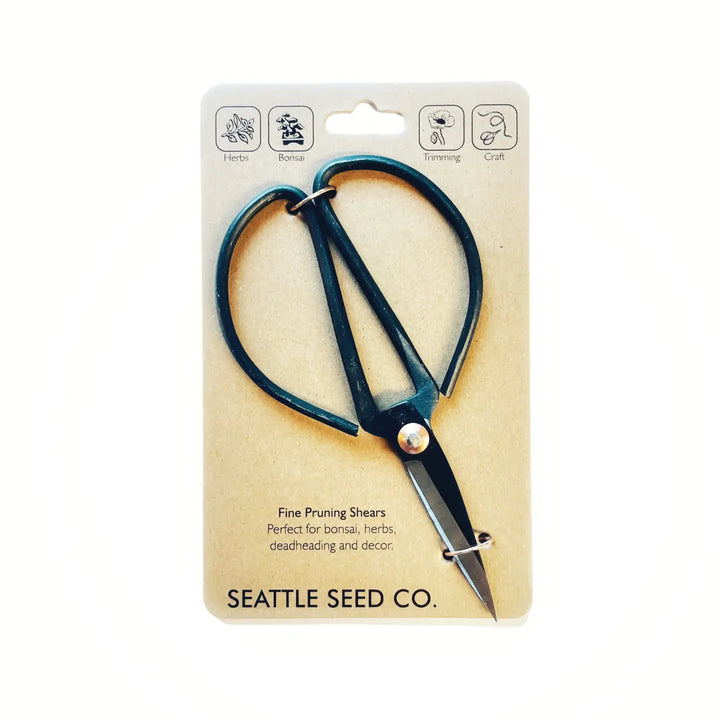 Forged steel pruners with blue loop handles and black blades on card