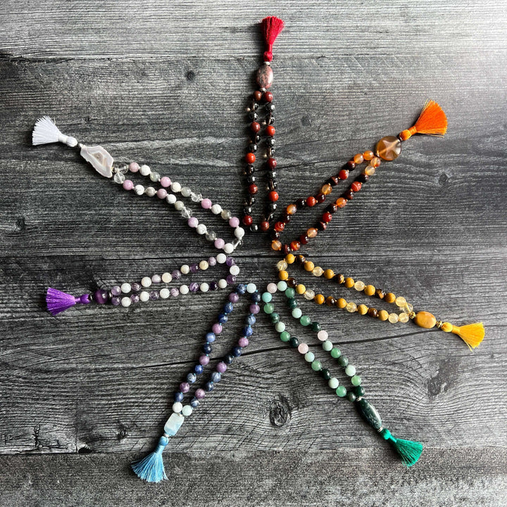 Chakra meditation mala set with multicolor beads and tassels