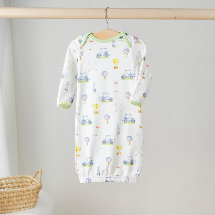 Organic cotton pajama set, white long-sleeve top and pants with colorful vehicle prints