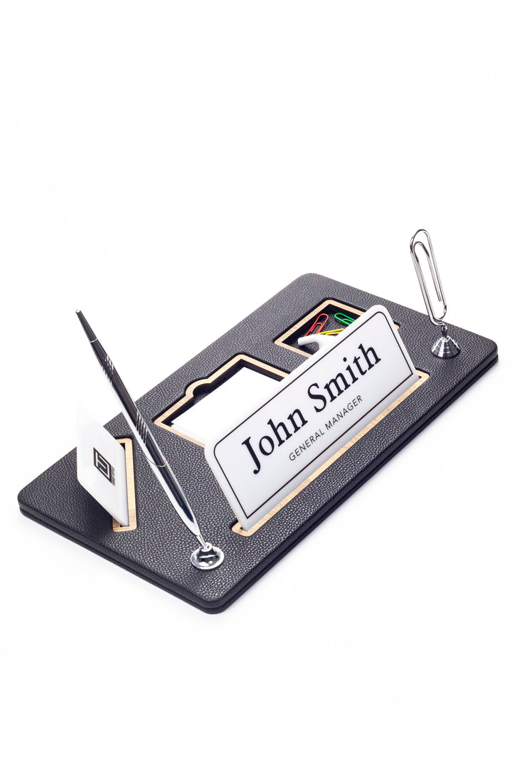 Organizer Leather Desk Nameplate Wood Detailed