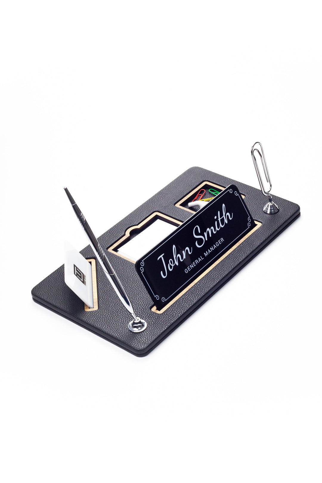 Organizer Leather Desk Nameplate Wood Detailed