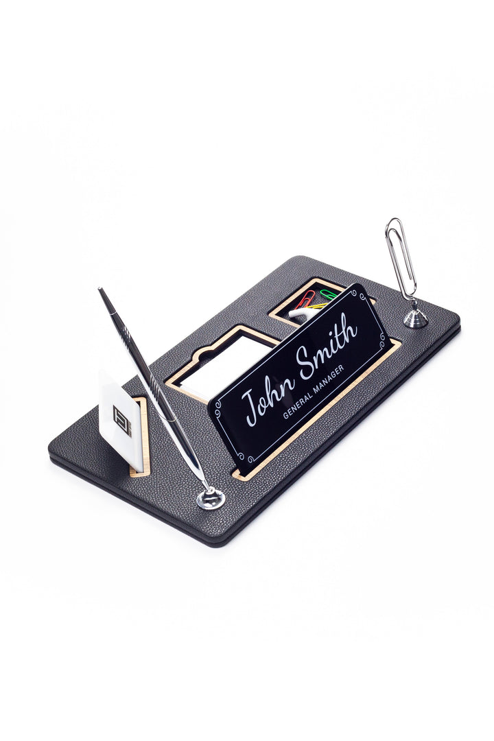 Organizer Leather Desk Nameplate Wood Detailed