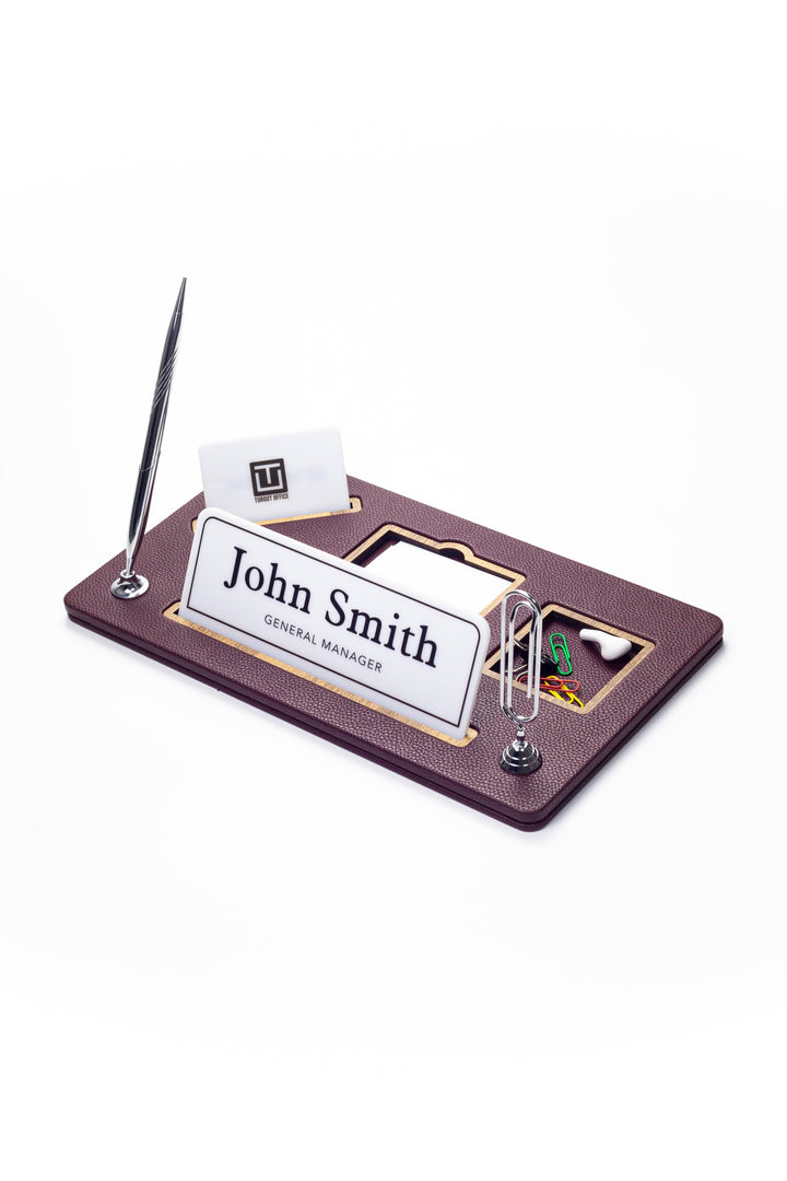 Organizer Leather Desk Nameplate Wood Detailed