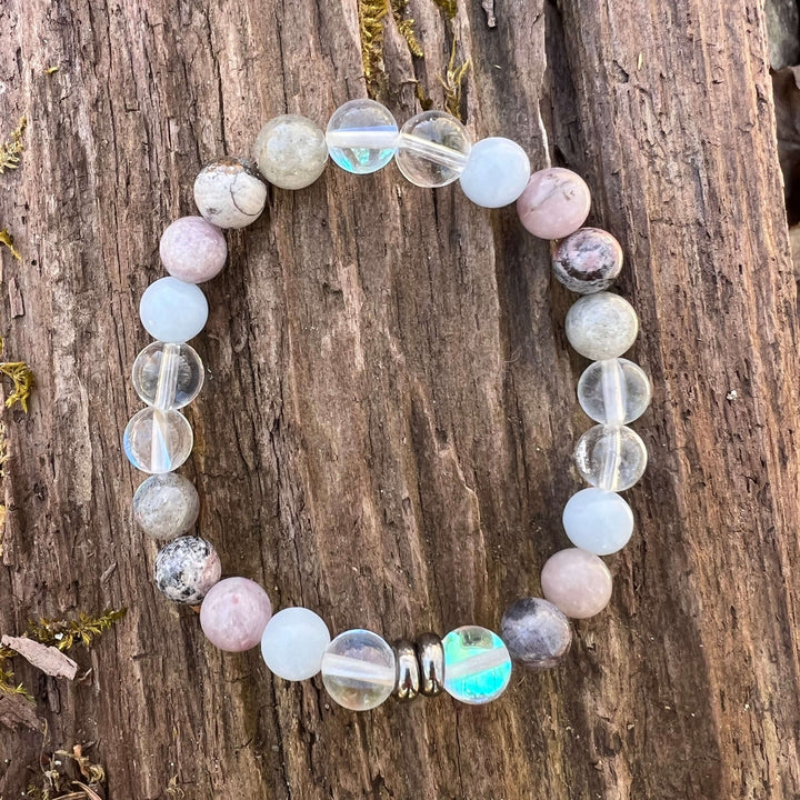 Pastel beaded bracelet with round light-blue and pink stones and clear crystal spacers