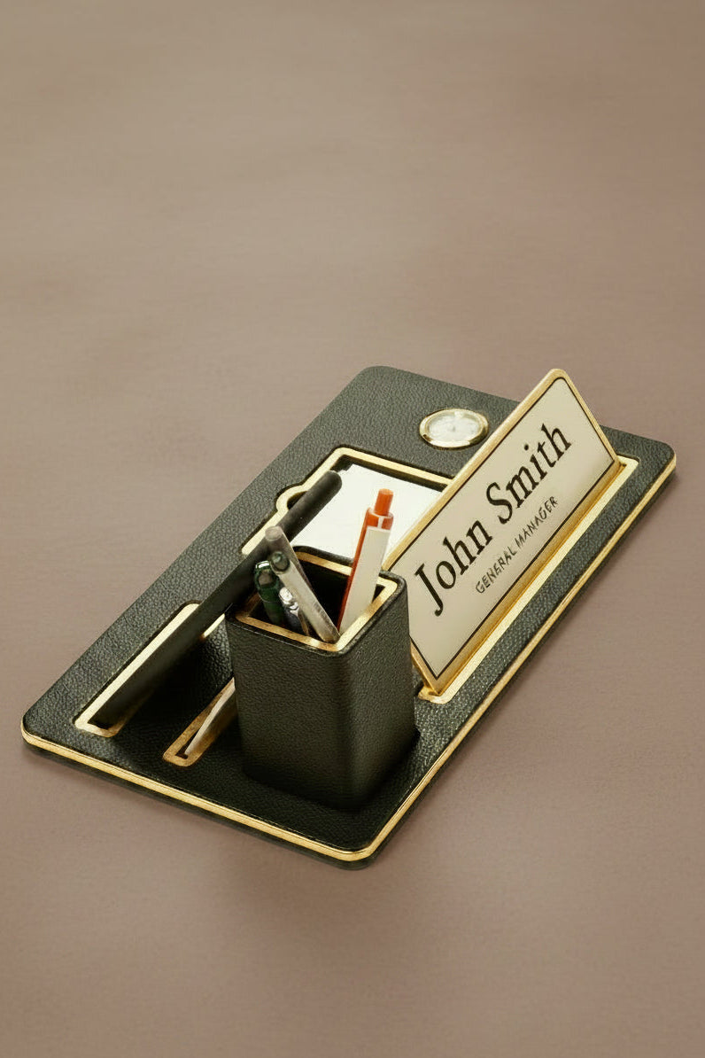 Desktop Nameplate Leather Organizer Black Wood Detailed Clock and Pen Holder