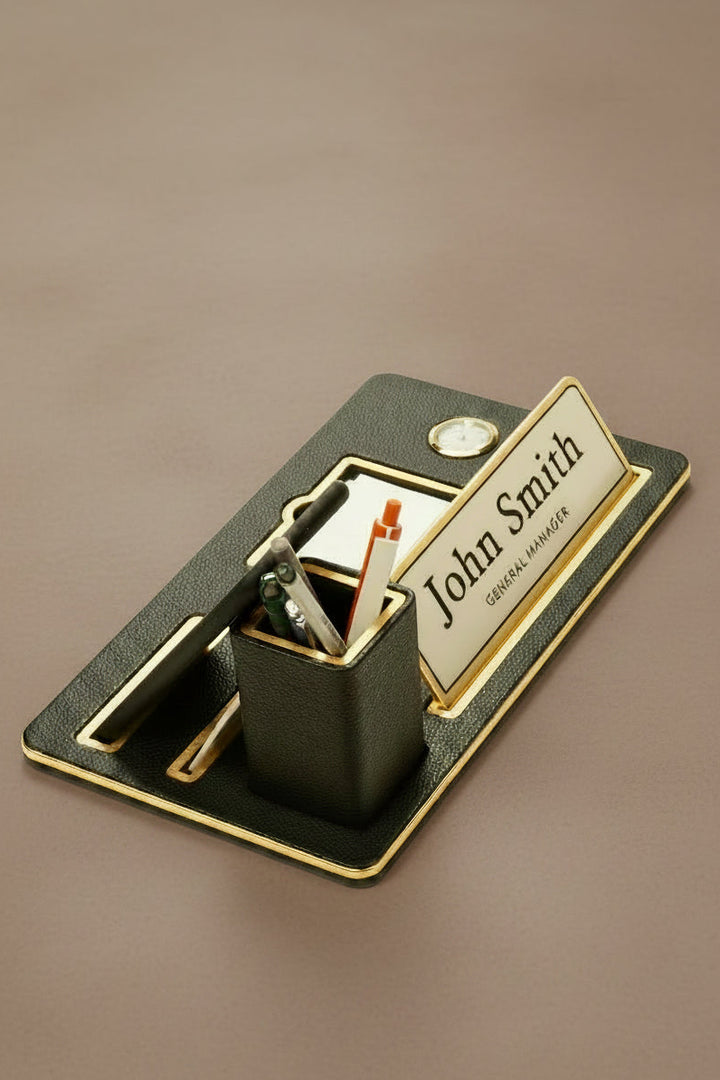 Desktop Nameplate Leather Organizer Black Wood Detailed Clock and Pen Holder