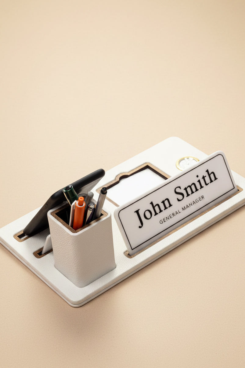 Desktop Nameplate Leather Organizer with White Wood Detailed Clock and Pen Holder