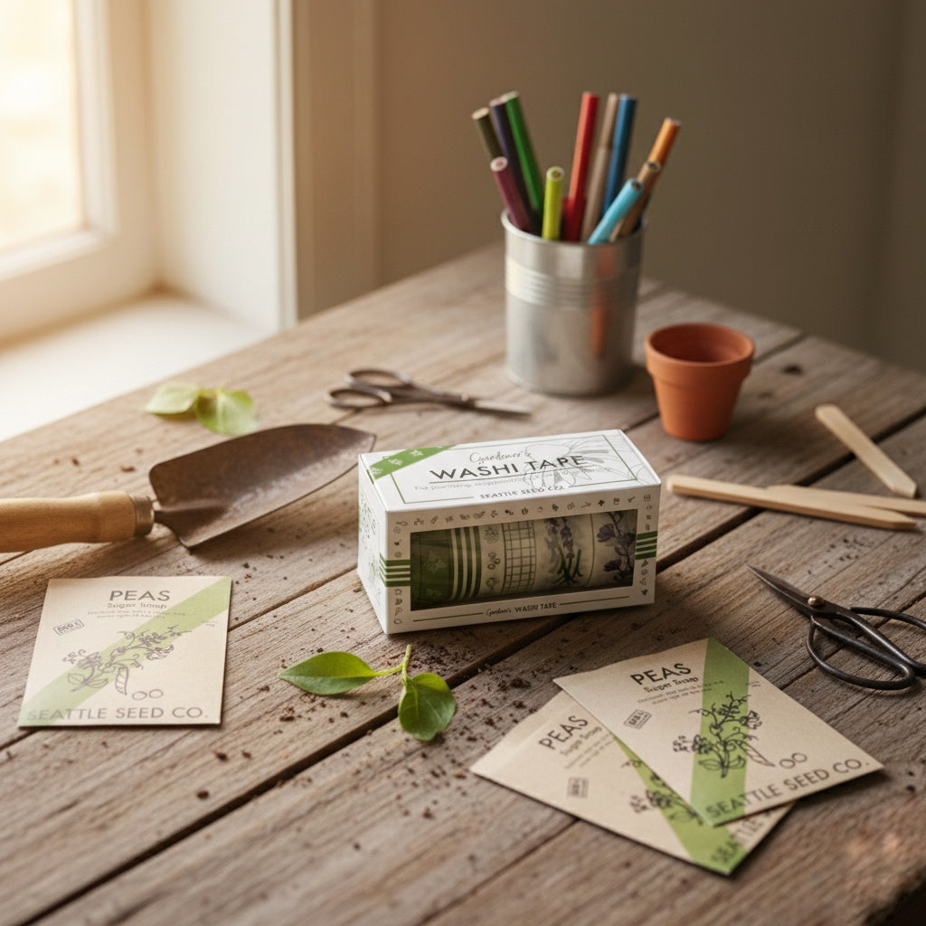 Garden washi tape rolls with pea-and-leaf prints, with packaging on a table