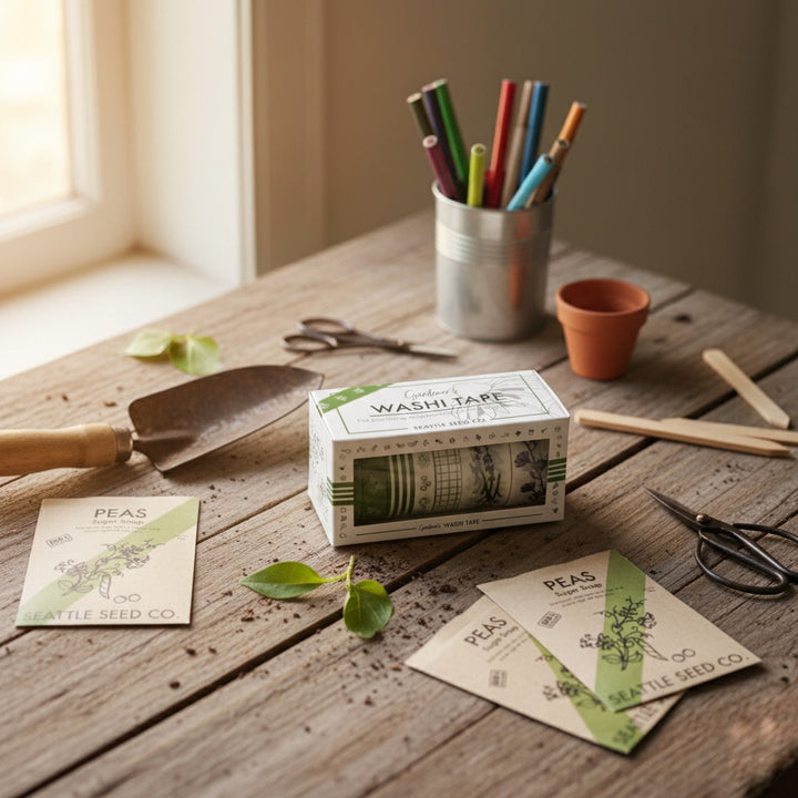 Garden washi tape rolls with pea-and-leaf prints, with packaging on a table