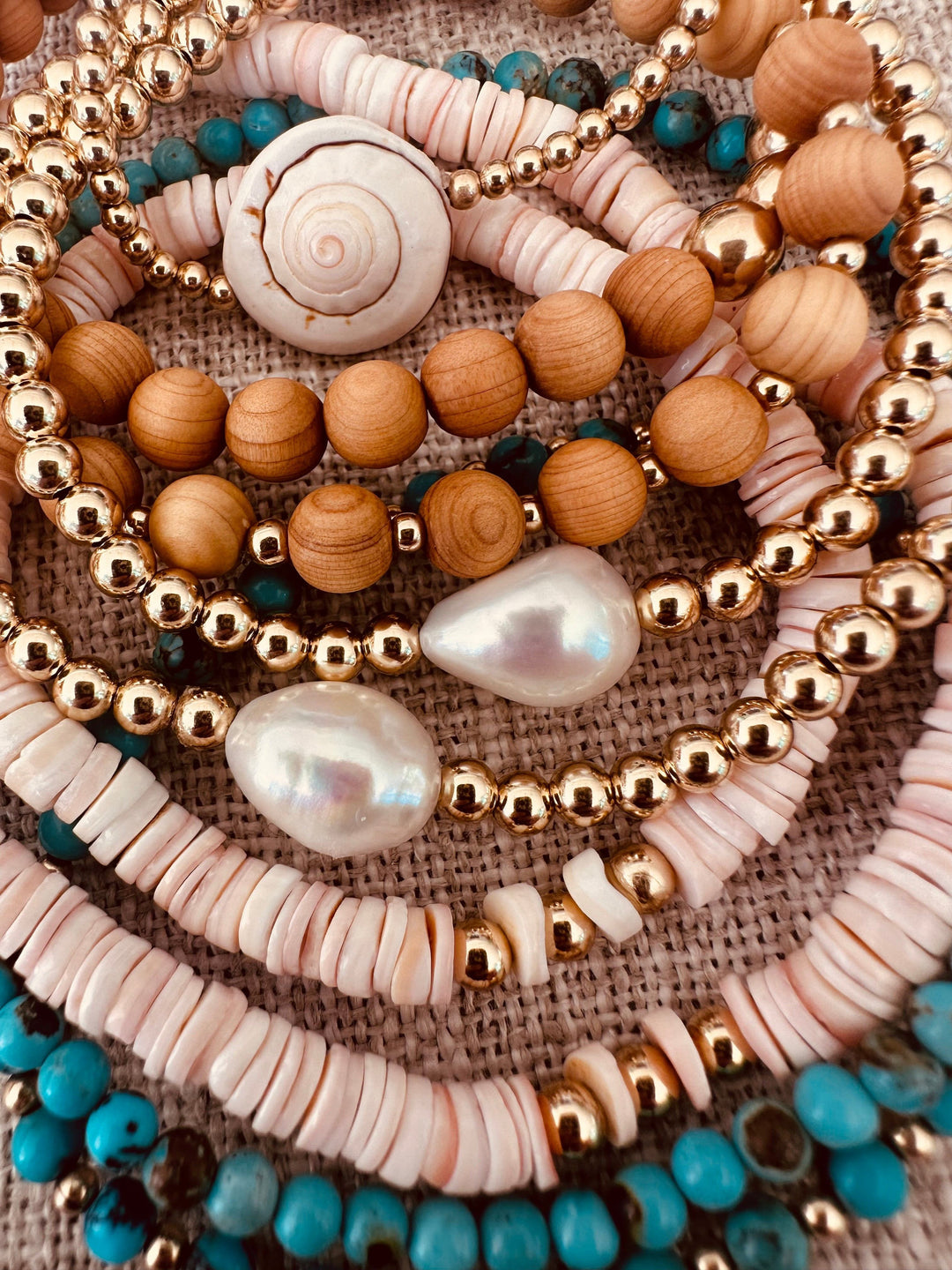 Beaded adult anklets with turquoise accents, gold-tone beads, and pearl-like shells