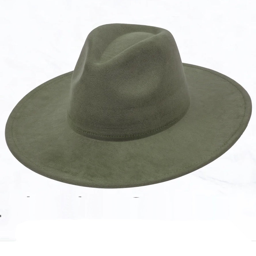 Olive green wide-brim felt hat with teardrop crown